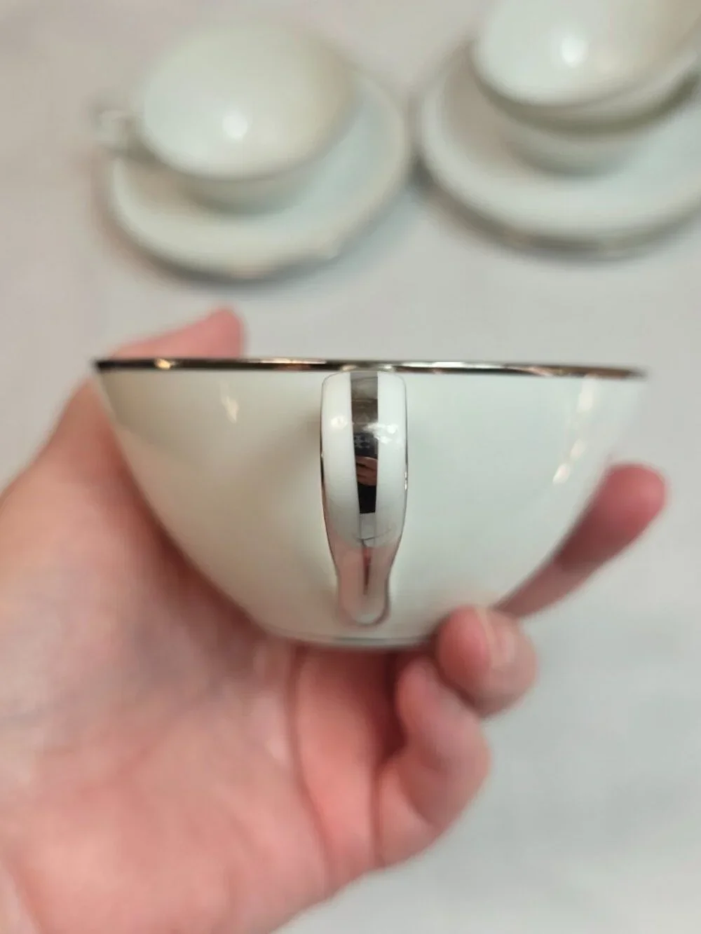 FOUR Noritake Colony Cup & Saucer Sets White Coupe Shape Platinum Trim